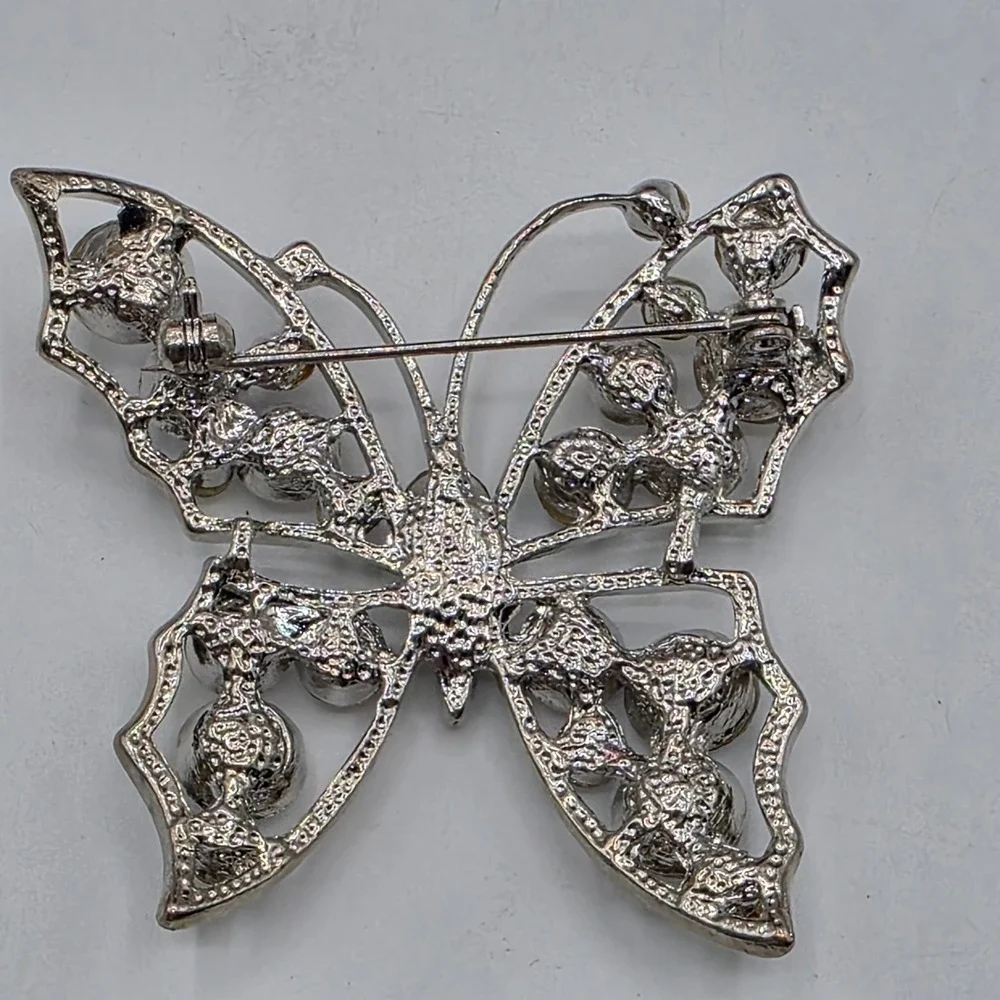 Silver Tone Butterfly Brooch Clear‎ Aurora Borealis Rhinestone Crystal Pin Glam